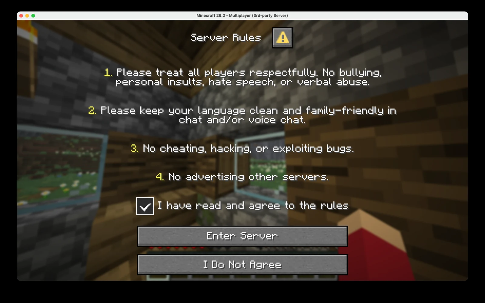 PledgeGate's server rules screen shown in-game on a vanilla Minecraft 26.2 client, with an agreement checkbox and Enter Server button
